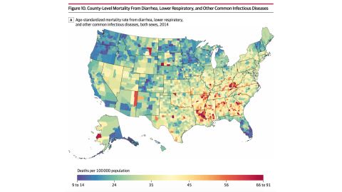 Mortality rates for diarrhea, lower respiratory and other common infectious diseases were high in counties in Louisiana, Arkansas, Georgia, Tennessee and Kentucky.