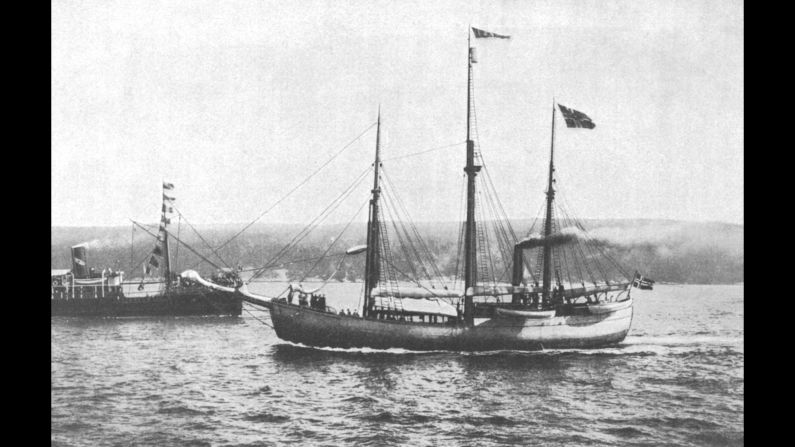 Amundsen and his team travel to Antarctica on a ship called the Fram. Both teams reached the Antarctic in January 1911. Amundsen's base camp was in the Bay of Whales, about 60 miles closer to the South Pole than Scott's camp at Cape Evans on Ross Island. 