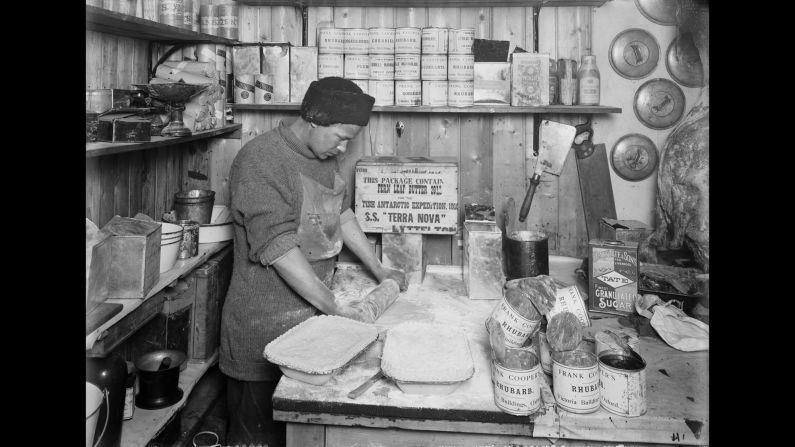 Thomas Clissold makes pies at Scott's base camp in January 1912. But when it came to food, Amundsen's team was more prepared. They had actually gained weight by the end of their journey.
