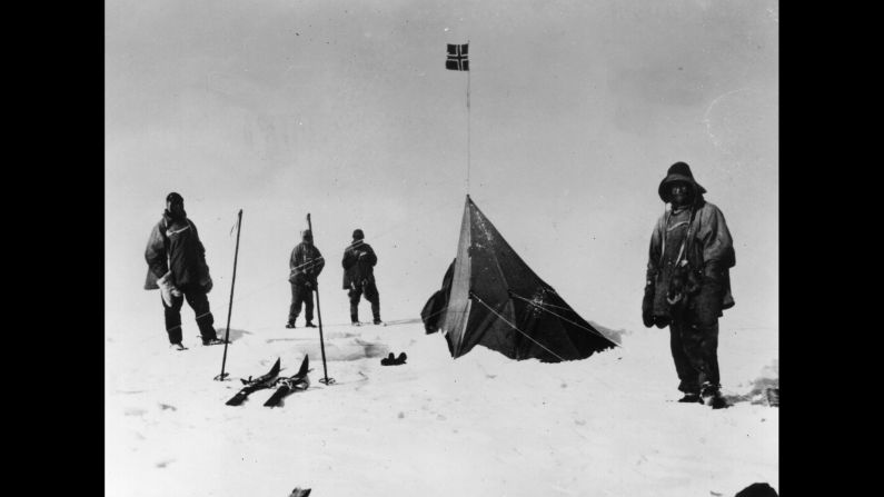 Scott's team, seen here around the Norwegian flag, did not survive its return trip. Edgar Evans died in a fall on February 17, 1912. Scott, E.A. Wilson, H.R. Bowers and L.E.G. Oates perished the next month after getting caught in a blizzard. "Every day we have been ready to start for our depot 11 miles away, but outside the door of the tent it remains a scene of whirling drift," Scott wrote in his final diary entry on March 29, 1912. "We shall stick it out to the end, but we are getting weaker, of course, and the end cannot be far. It seems a pity, but I do not think I can write more." Their bodies were found in November 1912, and Scott's wife was awarded a knighthood that would have been his had he survived.