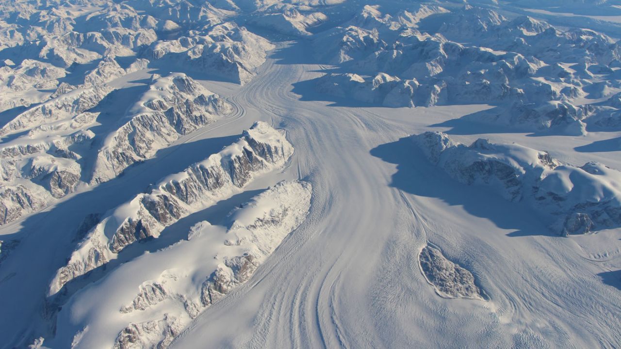 The texture on the surface of flowing ice, such as Heimdal Glacier in southern Greenland, allows NASA to map nearly all the flowing ice in the world.