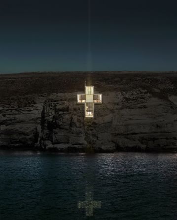 At night, the cross structure illuminates from inside the earth and functions like a light house. "This is how true belief should be. It should come from the inside, not from the outside," says the architect.