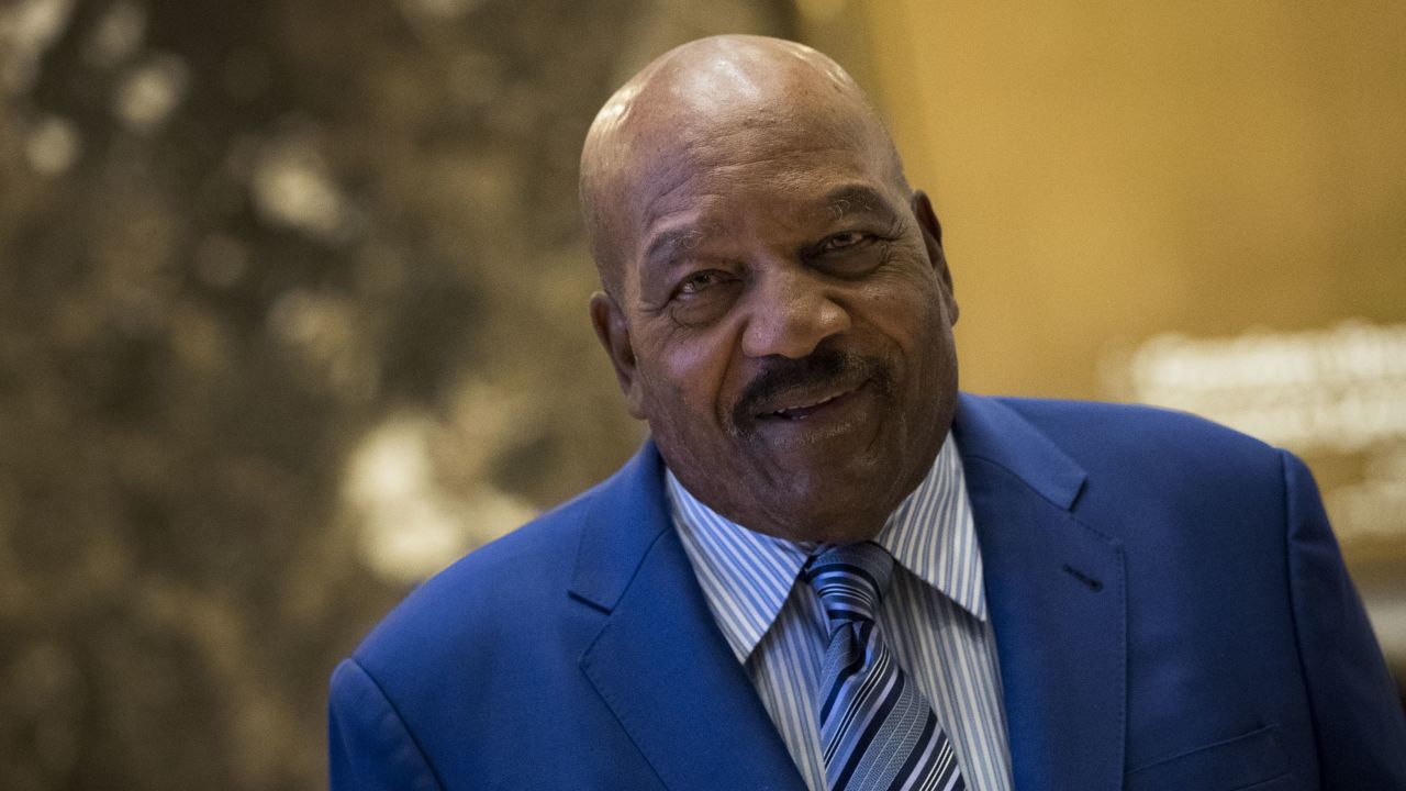 Former professional football player Jim Brown speaks to reporters at Trump Tower, December 13, 2016, in New York City.