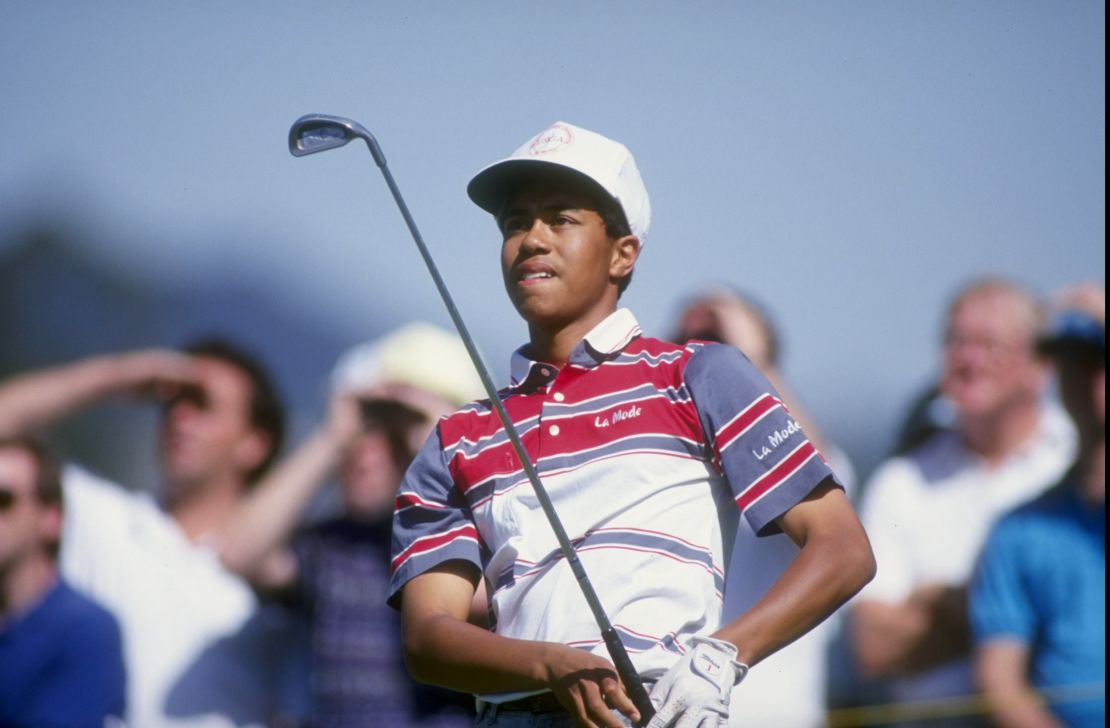 Tiger Woods hits a shot at the 1992 Los Angeles Open at the Riviera Country Club.