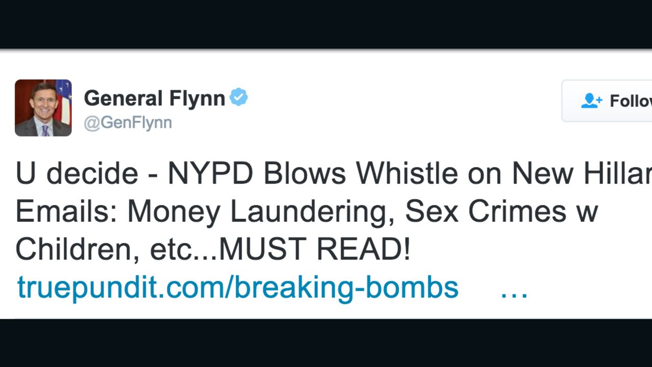 Michael Flynn quietly deletes fake news tweet about Hillary Clinton's