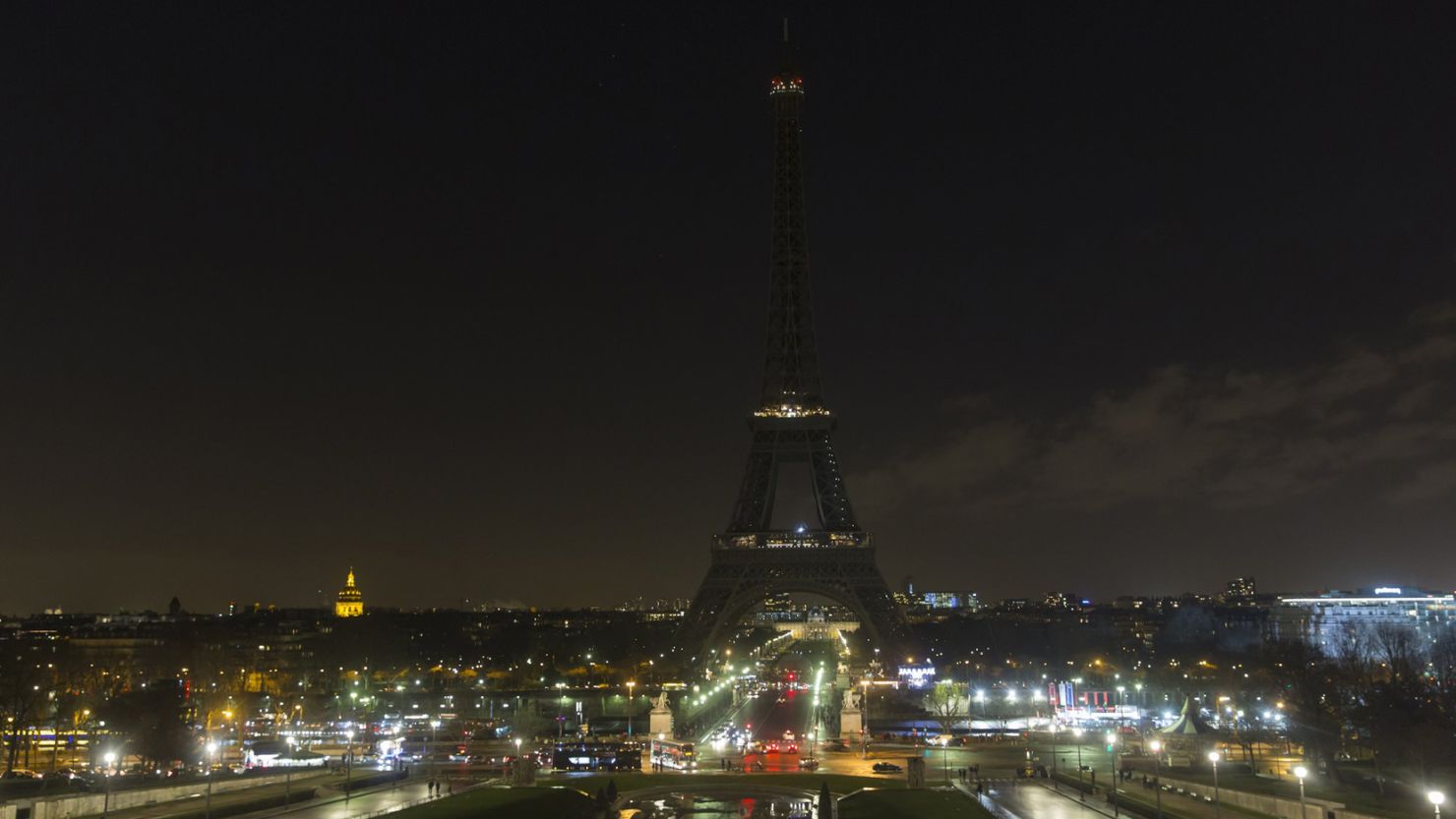 The Eiffel Tower in Paris turned off its lights Wednesday.