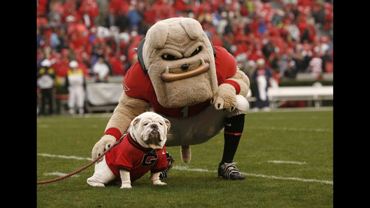 Mascots Hairy Dawg and UGA VII -- an actual bulldog -- pose for some pregame photos. 