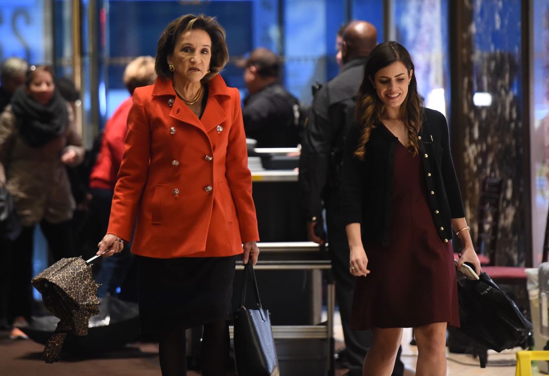 Marion C. Blakey,President and Chief Executive Officer of Rolls-Royce, flanked by a presidential transition team aide Madeleine Westerhout, arrives at Trump Tower during another day of meetings with President-elect Donald Trump on November 29, 2016 in New York.
