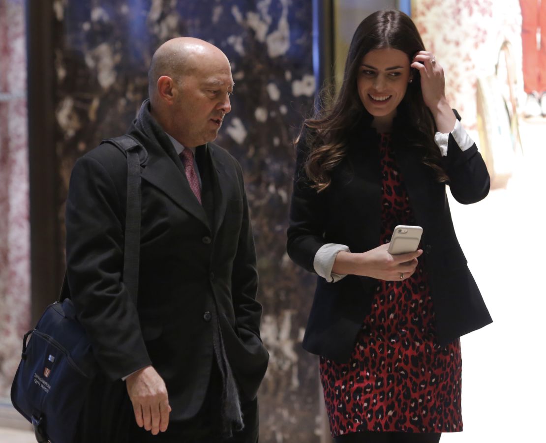 Retired Admiral James Stavridis (L), dean of Fletcher School at Tufts University is escorted by Madeleine Westerhout as he arrives at Trump Tower on December 8, 2016 in New York.