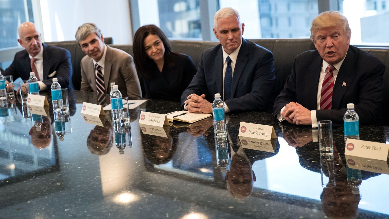 Trump <a href="http://money.cnn.com/2016/12/14/technology/trump-tech-summit-silicon-valley/" target="_blank">meets with technology executives</a> in New York on Wednesday, December 14. From left are Jeff Bezos, chief executive officer of Amazon; Larry Page, chief executive officer of Google's parent company Alphabet; Sheryl Sandberg, chief operating officer of Facebook; and Vice President-elect Mike Pence. The three main areas discussed were jobs, immigration and China, according to a source briefed on the meeting.