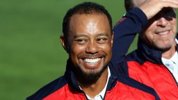 CHASKA, MN - SEPTEMBER 27: Vice-captain Tiger Woods of the United States looks on during team photocalls prior to the 2016 Ryder Cup at Hazeltine National Golf Club on September 27, 2016 in Chaska, Minnesota.  (Photo by Sam Greenwood/Getty Images)