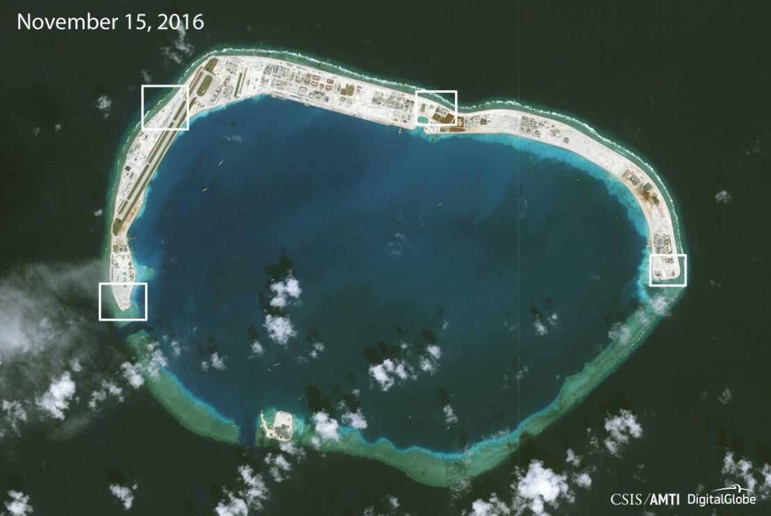 A satellite image of Mischief Reef showing military installations. 