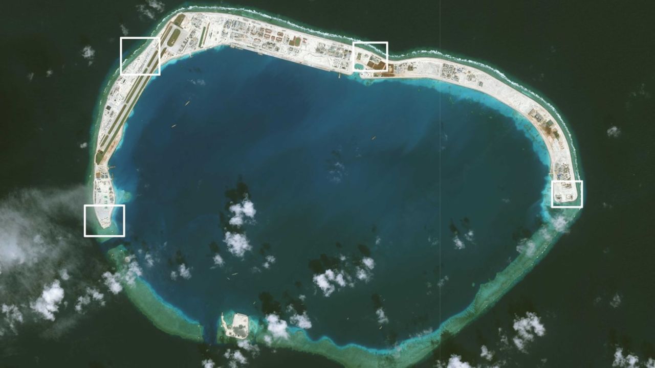A satellite image of Mischief Reef showing military installations.