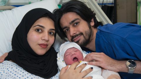 Moaza Al Matrooshi and her husband, Ahmed, with their new son, Rashid.
