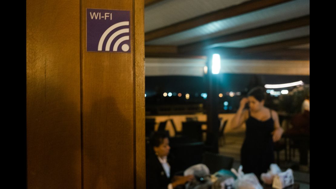 A sign identifies a Wi-Fi spot on the roof of the Ambos Mundos Hotel in Old Havana.   