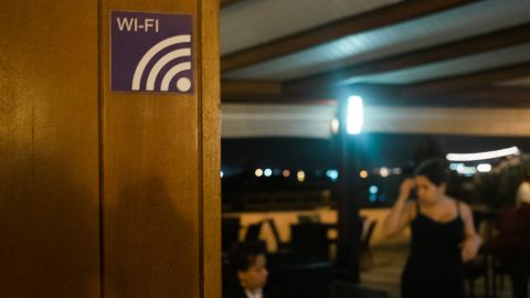 A sign identifies a Wi-Fi spot on the roof of the Ambos Mundos Hotel in Old Havana.   