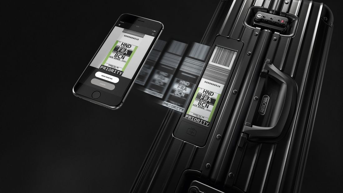 Rimowa's e-tag contains the same info as a normal printed suitcase tag. Details are uploaded from a user's smartphone via the Bluetooth link.