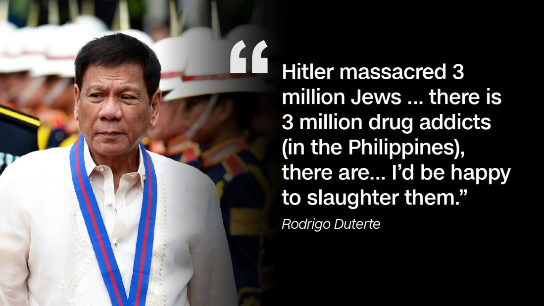 In September 2016, Duterte likened himself to the Nazi leader and announced that he wants to kill millions of drug addicts. 