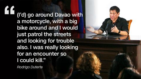 Speaking at a business forum in Manila in December 2016, Duterte admitted killing suspected criminals during his time as mayor of Davao City.