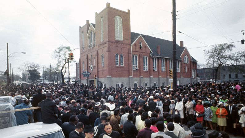 Thousands of mourners gathered at the original Ebenezer Baptist Church in 1968 for services for the slain Dr. Martin Luther King, Jr. The historic structure is now part of the Martin Luther King, Jr. National Historic Site. 