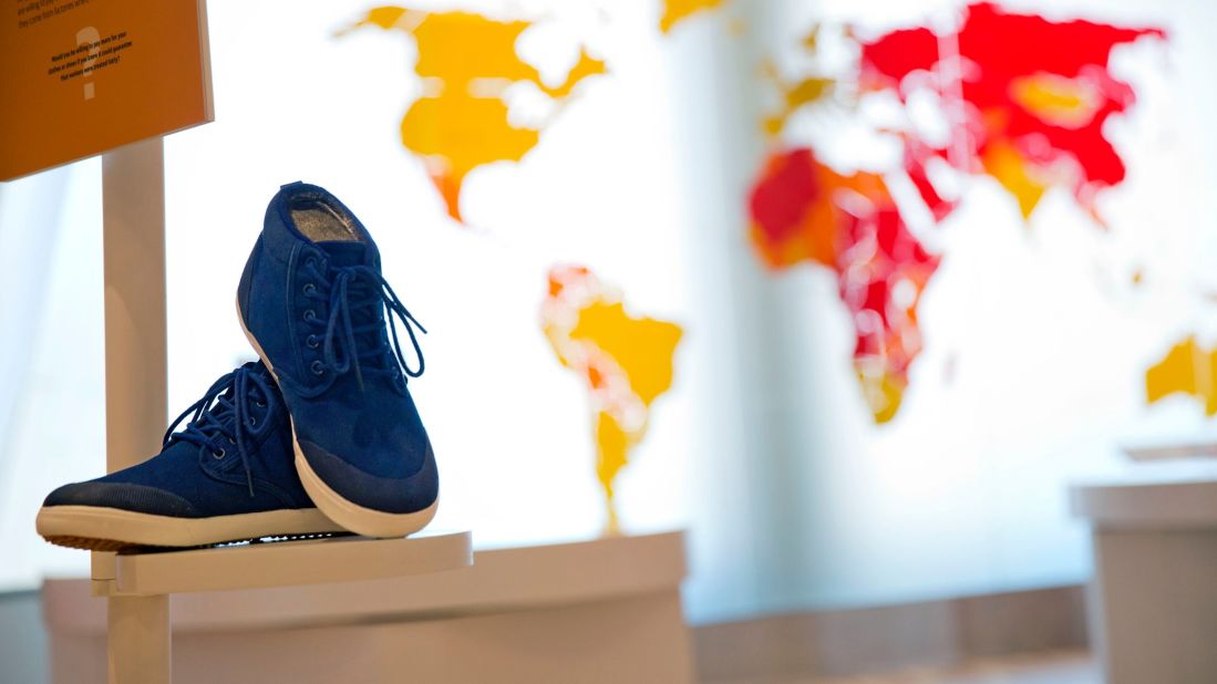 One exhibit at the Center for Civil and Human Rights explores the ethical footprint of sneakers, chocolate soccer balls, flowers and other common consumer products that are sometimes connected to child labor and other unfair labor practices. 