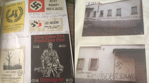 Throughout the years Schramm has kept a scrapbook of neo-Nazi stickers and graffiti she's has come across. 