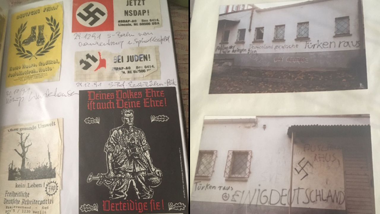 Throughout the years Schramm has kept a scrapbook of neo-Nazi stickers and graffiti she's has come across.