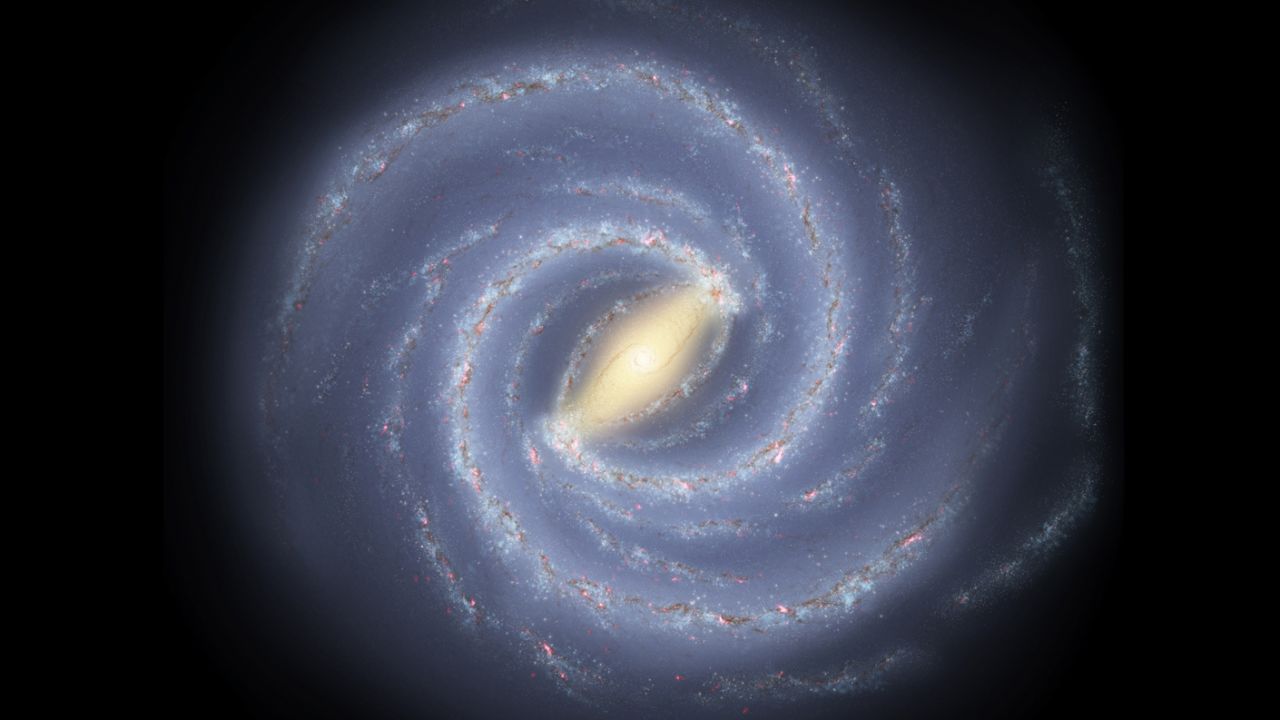 This illustration shows the top-down view of what the Milky Way and its spiral arms would look like if we could go outside our galaxy and look at it.