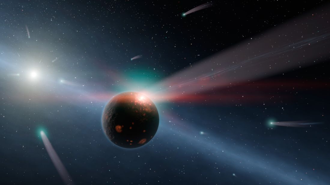 What would a storm of comets around a star look like? Hurt's illustration of <a href="http://www.spitzer.caltech.edu/images/4772-ssc2011-08a-It-s-Raining-Comets" target="_blank" target="_blank">Eta Corvi</a> shows how comets are torn to shreds after colliding with a rocky body.