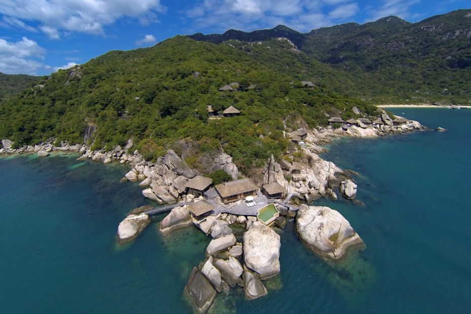 An aerial view of Six Senses Ninh Van Bay's "Rock Retreat," a private cluster of pavilions overlooking the bay.  