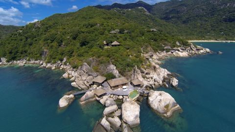 An aerial view of Six Senses Ninh Van Bay's "Rock Retreat," a private cluster of pavilions overlooking the bay. 