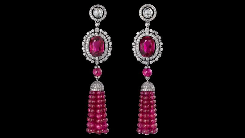 Also part of the Reine Makéda collection is a pair of Mozambican ruby and diamond pendants from Cartier, pictured.
