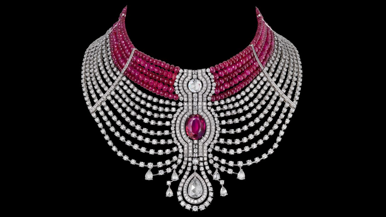 Cartier used a 15-carat oval-shaped Mozambican ruby in a the Reine Makéda necklace, pictured, part of their Royal Collection created for the 2014 Biennale des Antiquaires. 