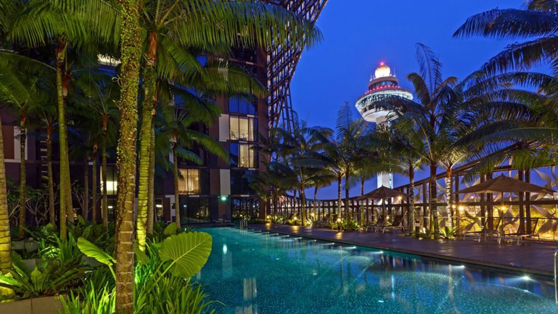 <strong>The Crowne Plaza Changi Airport, Singapore</strong>: The Crowne Plaza Changi Airport hotel creates the kind of layover you'll never want to leave. There's a gym, spa, several restaurants and an enormous courtyard with a swimming pool flanked by rainforest-style gardens.