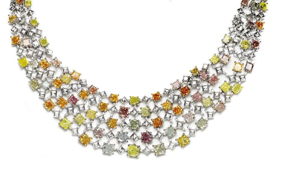 The Rainbow Necklace features differently colored stones, including extremely rare blue-gray diamonds. 