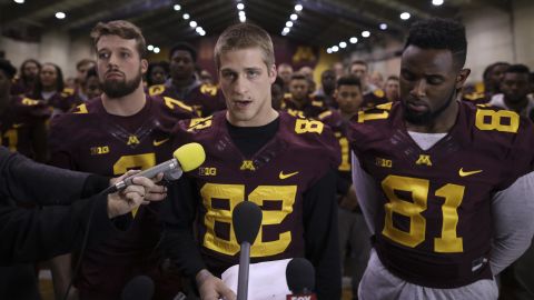 University of Minnesota wide receiver Drew Wolitarsky, center, announced the boycott Thursday.