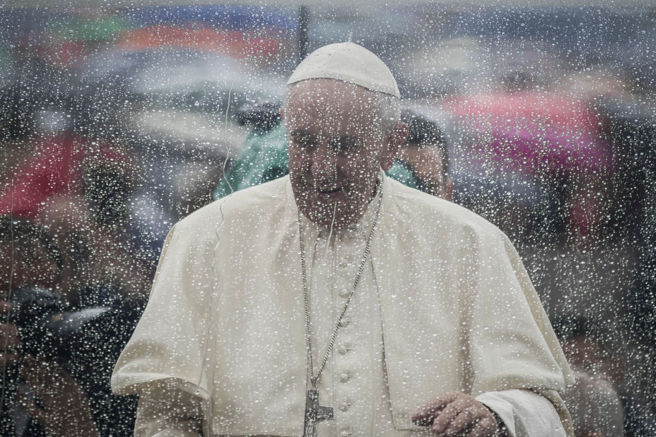 Pope Francis arrives to celebrate an extraordinary Jubilee Audience as part of ongoing celebrations of the Holy Year of Mercy in St. Peter's Square in Vatican City on May 14, 2016.