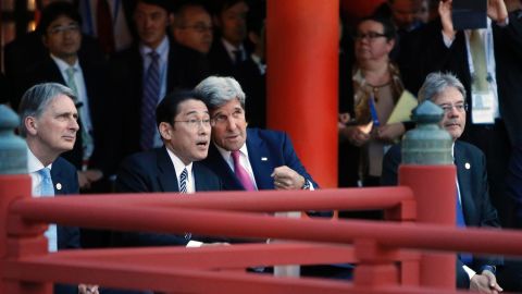 Kerry talks to Japan's foreign minister, Fumio Kishida, during a ceremonial dance at the Itsukushima Shrine on April 10, 2016. They joined Britain's foreign minister, Philip Hammond, left, and Italy's foreign minister, Paolo Gentiloni, right, in a  visit Japan's Miyajima Island during a break in G7 meetings in nearby Hiroshima.