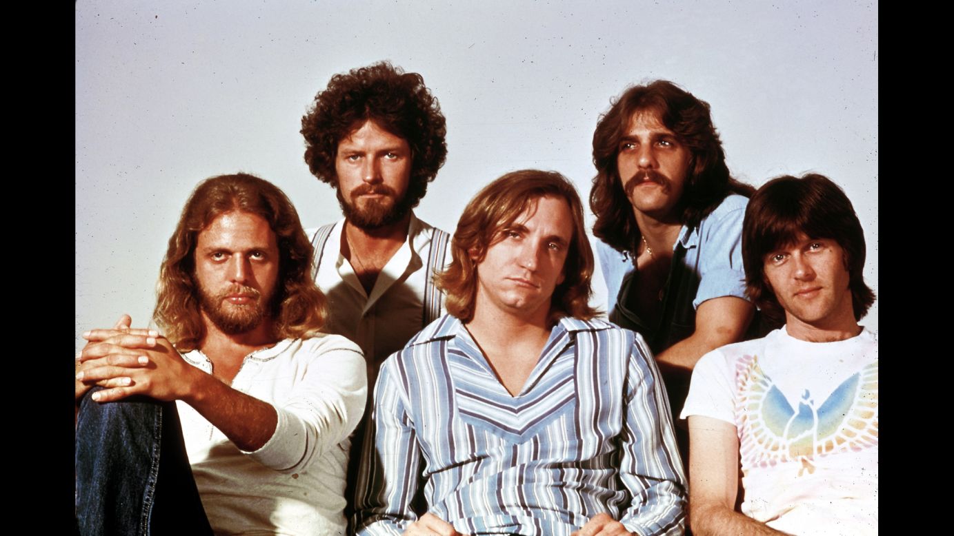 During the 1970s the Eagles scored so many popular songs that their greatest hits compilation sold more albums in the US than any other except Michael Jackson's "Thriller." Left to right: guitarist Don Felder, singer/drummer/songwriter Don Henley, guitarist/singer Joe Walsh, and singer/songwriter/guitarist Glenn Frey, who died in 2016. Bassist Randy Meisner, far right, left the band in 1977. Not pictured are guitarist Bernie Leadon, who left  in 1975, and bassist Timothy B. Schmit. Overall, the Eagles have sold 101 million units in the US, according to the RIAA. 