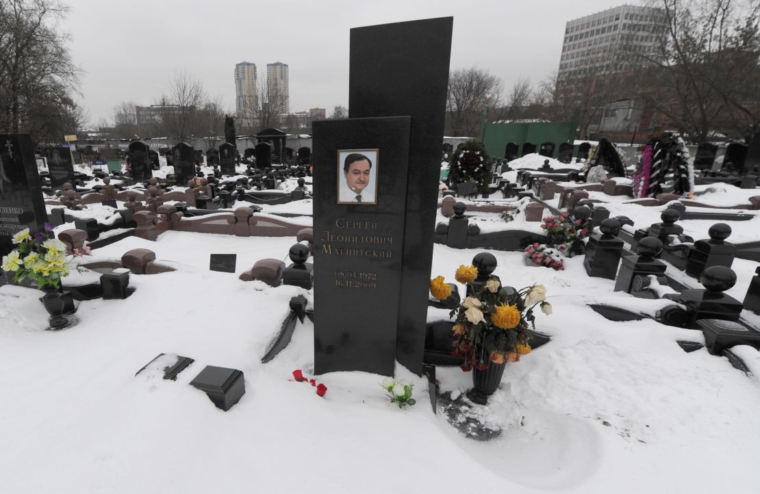 Pictured: The tombstone of Sergei Magnitsky in Moscow. The Russian lawyer uncovered the largest tax fraud in the country's history. He died in 2009 after a year in a Moscow detention center, apparently beaten to death.