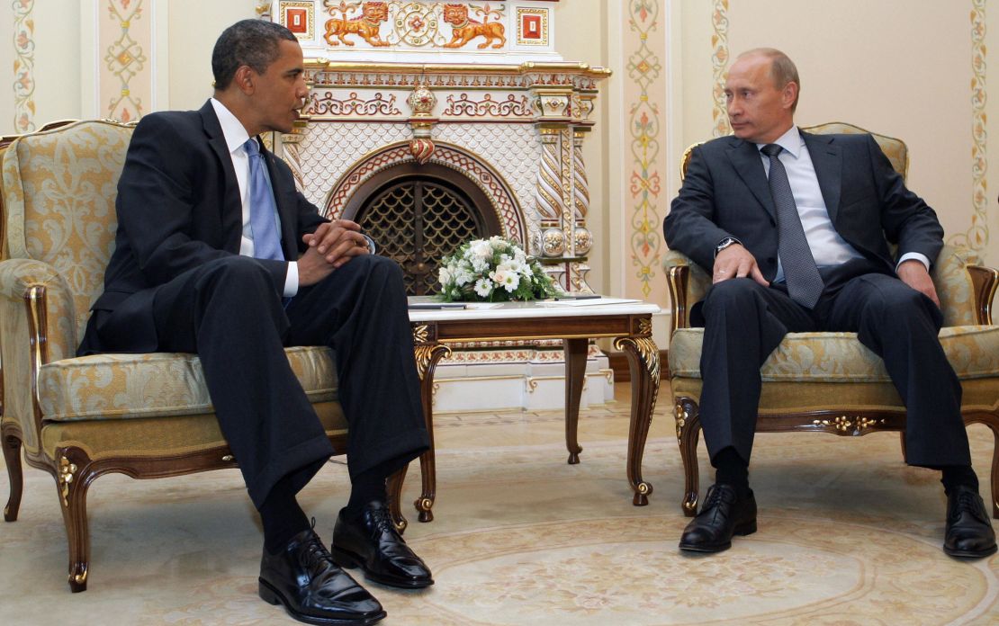 US President Barack Obama, left, with then-Russian Prime Minister Vladimir Putin in Novo-Ogarevo on July 7, 2009 -- the first time the two leaders met.