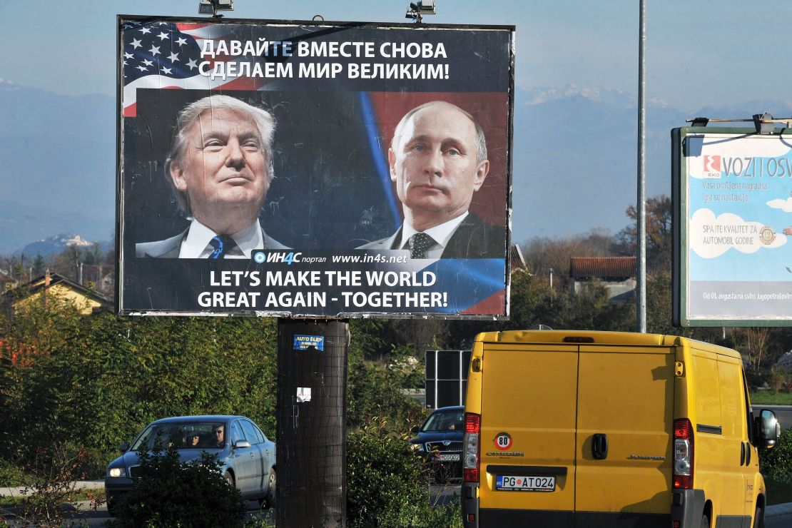 A billboard of Trump and Putin placed by pro-Serbian movement in the Montenegrin town of Danilovgrad on November 16, 2016. 