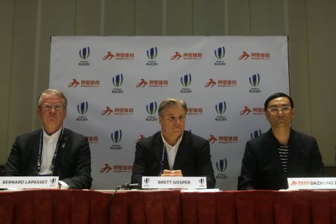 World Rugby -- CEO Brett Gosper is pictured center at a 2016 press conference in Hong Kong -- is pushing to make its mark on the world's biggest market.