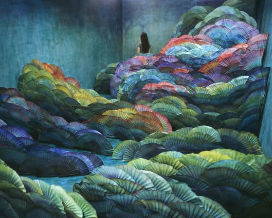 In "Nightscape" Lee used a traditional handmade paper to depict traditional Korean landscapes.