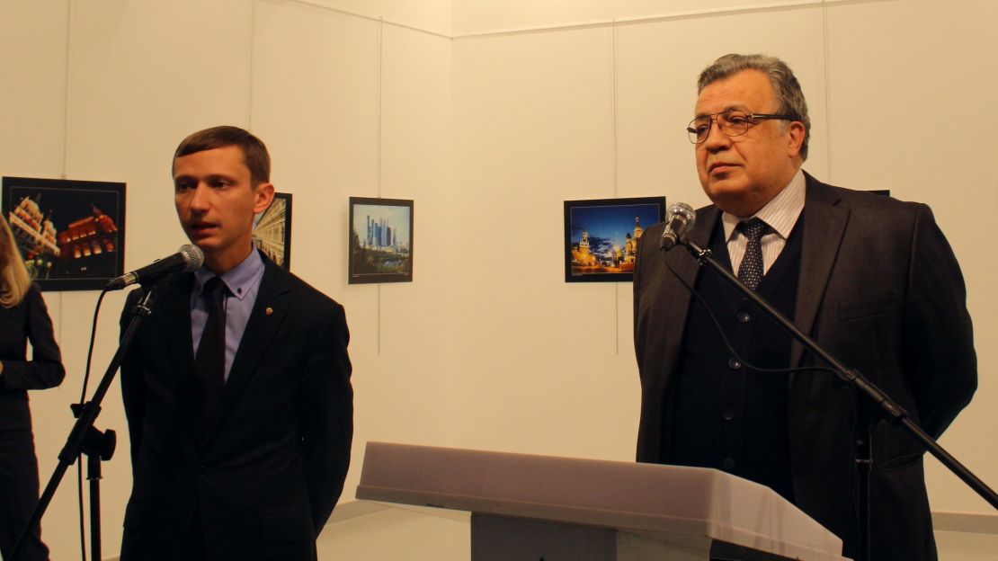 Andrey Karlov (R) was giving a speech during a visit to the Modern Art Center in Ankara, Turkey.