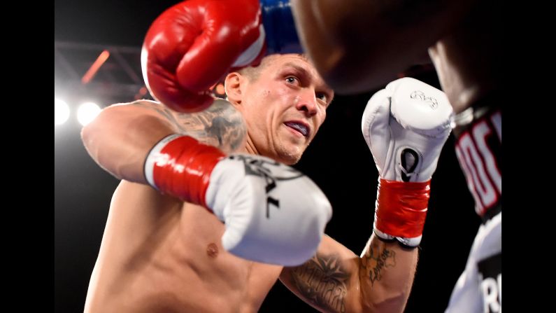 Okelsandr Usyk boxes Thabiso Mchunu during a cruiserweight title fight in Los Angeles on Saturday, December 17. Usyk defended his WBO belt with a ninth-round stoppage.