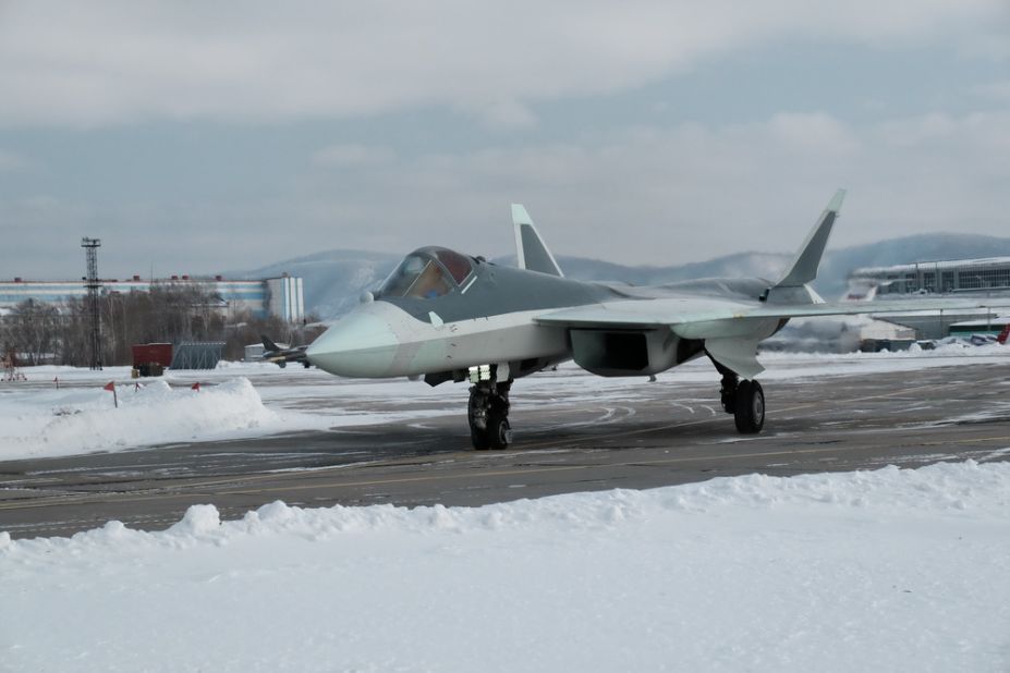 A prototype of the new Russian fifth-generation T-50 stealth fighter taxis in an image from the website of the manufacturer, the Komsomolsk-on-Amur Aircraft Plant.