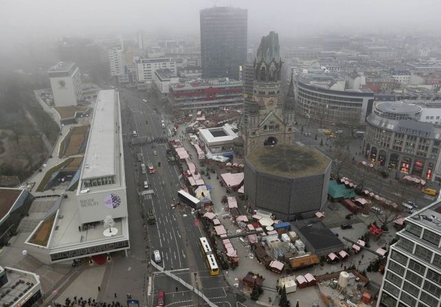 An overview of the crash site on December 20 shows where the tractor-trailer drove over the sidewalk and into market stalls near the Kaiser Wilhelm Memorial Church.