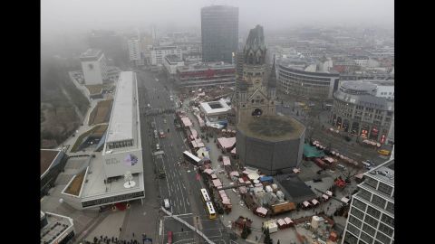 An overview of the crash site on December 20 shows where the tractor-trailer drove over the sidewalk and into market stalls near the Kaiser Wilhelm Memorial Church.