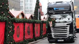 A truck that crashed into a Christmas market in Berlin is pictured on December 20, 2016. 